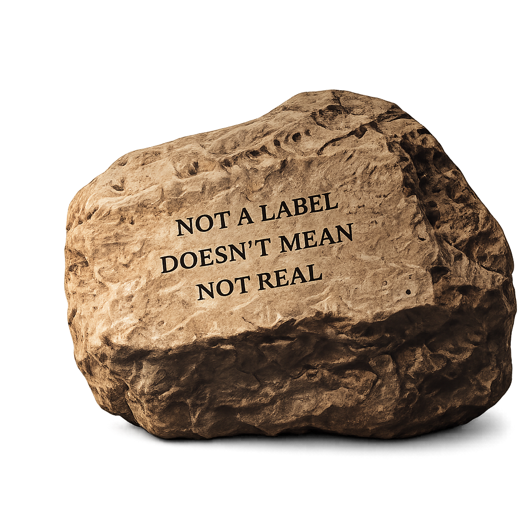 Inscribed rock: NOT A LABEL DOESN'T MEAN NOT REAL