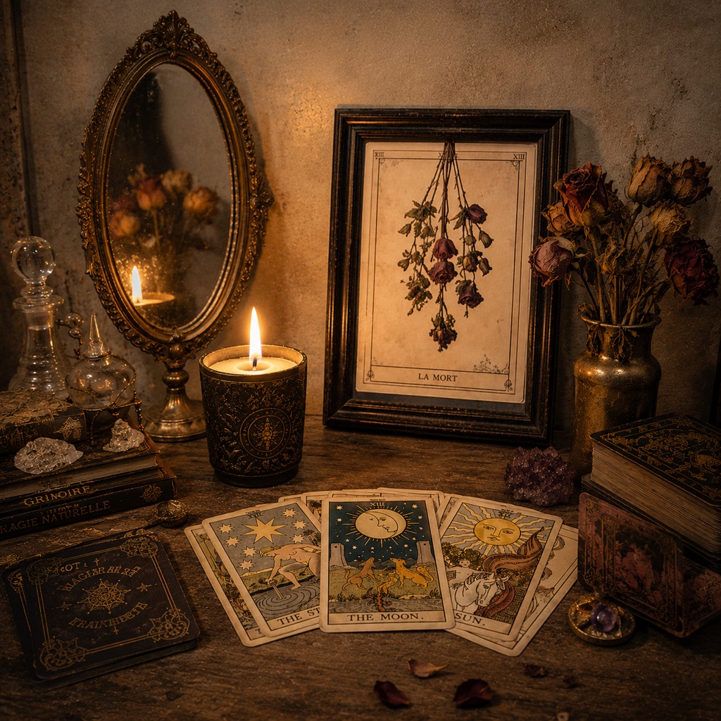 Altar with candle, tarot cards and mirror
